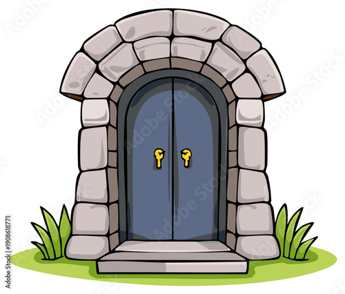 Cartoon style old stone archway with closed rustic wooden doors and grass