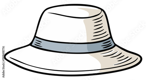 Cartoon wide brim sun hat with a light blue band, a classic summer fashion accessory illustration