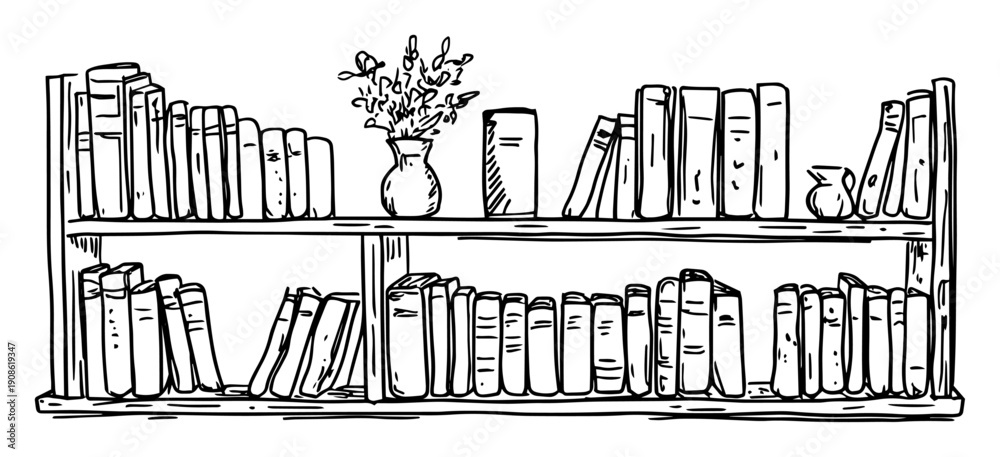 Obraz premium hand drawn bookshelf with arranged books and flower vase