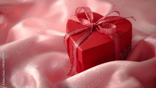 Red heart shaped gift box with glittery ribbon on luxurious pink satin fabric background for romantic celebration