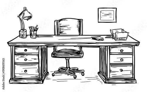 vintage office desk with chair and lamp hand drawn in sketch style