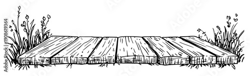 wooden platform with grass and flowers in hand drawn sketch style