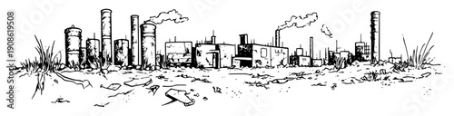 factory skyline with smokestacks and ruined buildings in sketch style