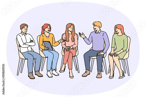 Group psychotherapy in alcoholics anonymous club discussing consequences of giving up beer and vodka. People sit on chairs arranged in semicircle during group psychotherapy session