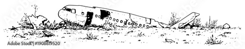 abandoned airplane wreckage in desert landscape sketch style