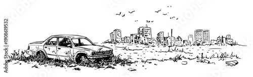 overgrown car wreck in front of ruined city skyline sketch style