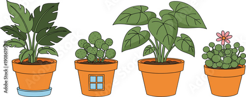 Potted indoor houseplants collection vector illustration decorative home gardening botanical design set