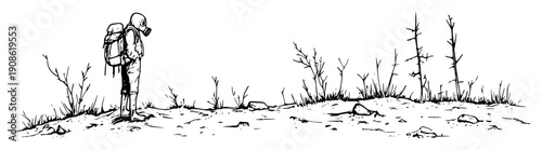 lone traveler in desolate post apocalyptic landscape
