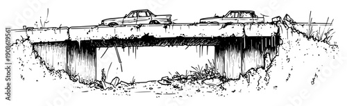 broken bridge with abandoned cars in apocalyptic scene