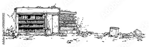 abandoned grocery store with scattered trash and collapsed wall