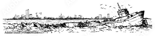 shipwreck near polluted shore with distant city skyline