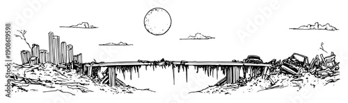 collapsed highway bridge over canyon with abandoned cars and moon