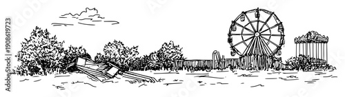 overgrown theme park with collapsed ferris wheel and wild plants