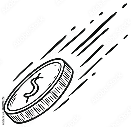 Hand drawn sketch of a fast falling dollar coin with motion lines illustration