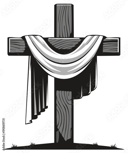 Wooden cross with draped cloth, religious symbol, vector illustration.