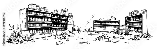 abandoned apartment blocks with broken windows and debris