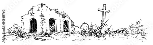 ruined chapel with broken cross and debris in desolate landscape