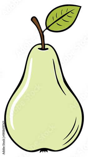Cartoon pear with green leaf and brown stem, simple illustration of fresh fruit.