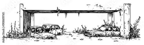 parking structure ruins with decayed vehicles and overgrown plants