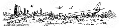 downed aircraft near destroyed city with flying jets overhead
