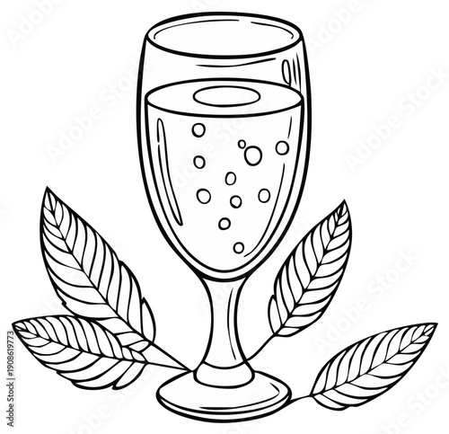 Simple line art illustration of a champagne flute with bubbly drink and decorative leaves