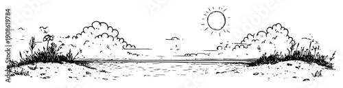 peaceful landscape with sun and fluffy clouds in hand drawn style