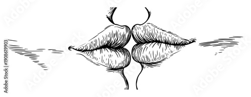 two kissing lips in abstract hand drawn sketch style