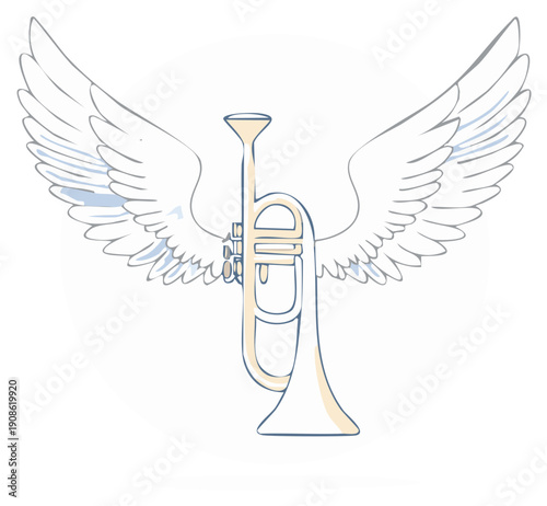 Angelic trumpet with spreading wings illustration for a heavenly music or celestial sound concept