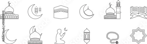 Set Islamic religion outline icons with Kaaba, mosque, dome, Quran prayer, beads, crescent moon and lanterns. Ramadan Kareem or Eid Mubarak holiday celebration design vector illustration.