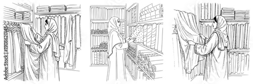 Arab woman browsing fabric store, concept of isolated vector image on a transparent background, pencil drawing, collection, set of images  
