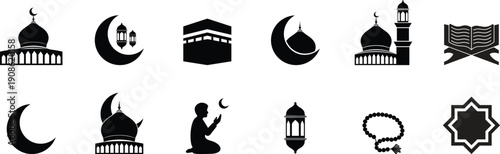 Set of black Islamic religion silhouette icons with Kaaba, mosque, dome, Quran prayer, beads, crescent moon and lanterns. Ramadan Kareem or Eid Mubarak holiday celebration design vector illustration.