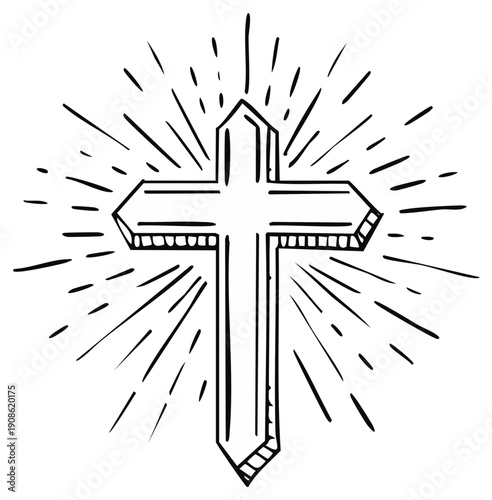 Radiant Hand Drawn Christian Cross with Bursting Light Rays