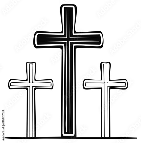 Religious Illustration of Three Crosses. Black and White line art.
