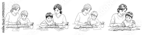 Frame Japanese mother helping son with homework, isolated vector image on a transparent background, pencil drawing, collection, set of images
