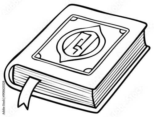 Illustrated book with religious symbols and a bookmark, isolated illustration.