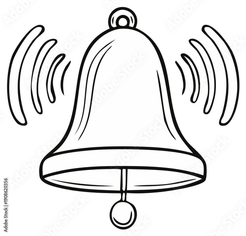 Cartoon bell ringing with sound waves, illustration in black and white