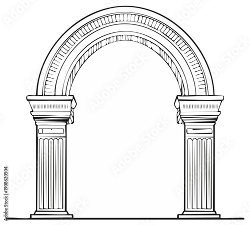 Classical Roman Archway with Fluted Columns and Decorative Frieze Detailed Illustration