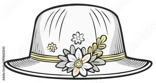 Elegant wide brimmed hat decorated with a floral arrangement for a classic feminine accessory