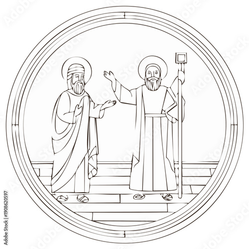 Illustration of two religious figures within a decorative oval frame, line art.