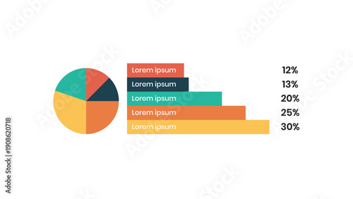 Professional Infographic Template Featuring Multi-Colored Pie Chart and Matching Horizontal Bar Graph with Percentage Indicators and Placeholder Lorem Ipsum Text for Corporate Financial Reports
