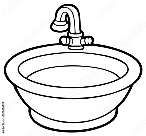 Simple Line Art Illustration of a Bathroom Sink with Faucet Outline Drawing