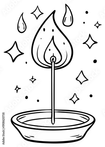 Enlightened Candle with Stars and Liquid Drops in a Clean Black and White Outline Illustration