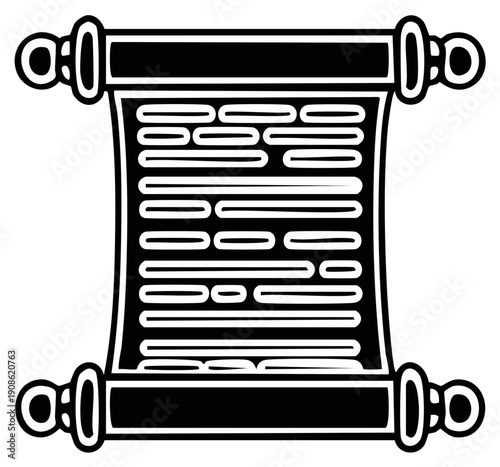 Black and white illustration of a scrolled document with text and handles