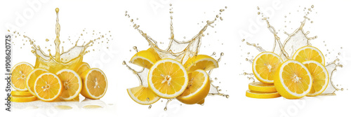 Fresh Meyer lemon with lemon slices and citrus juice splash explosion isolated on white background, high speed liquid splash photography, Meyer lemon juice concept for drinks and packaging, Citrus × m