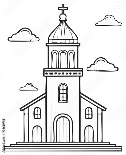 Stylized Line Art of a Church Building with a Dome and Steeple Against a Cloudy Sky