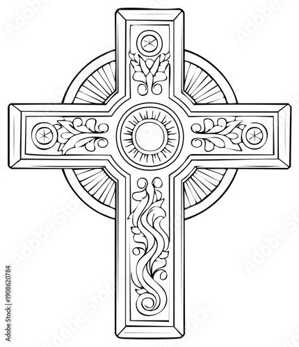 Detailed ornate Celtic cross illustration black and white line art for coloring book page
