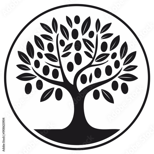 Olive tree icon with ripe olives and leaves in a circle symbol for food and agriculture