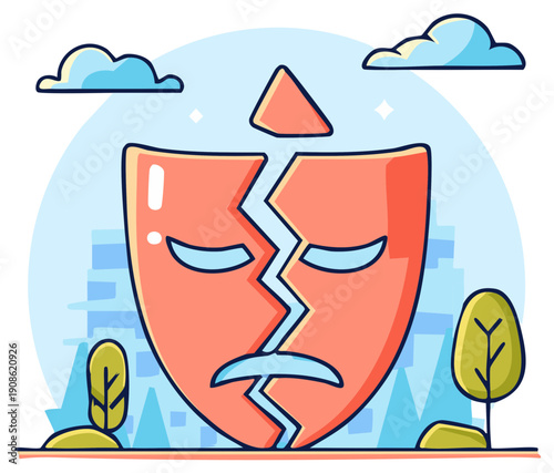 Cracked Mask Symbolizing Identity Crisis and Emotional Damage in Urban Environment