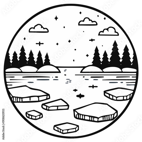 Black and white illustration of landscape with water, ice floes, and trees in a circle