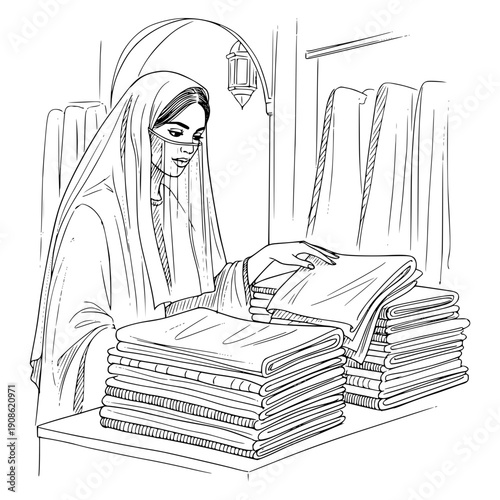Woman with veil shopping for fabrics, isolated vector image on a transparent background, pencil drawing